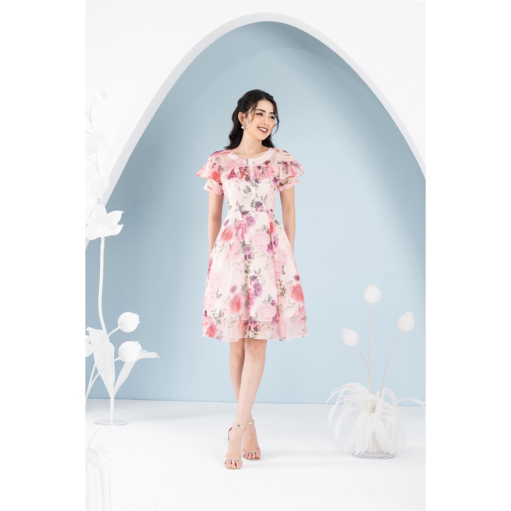 Đầm Tơ Hoa Hồng LFV3285 Thiết Kế Cổ Bèo xinh xắn nữ tính may 2 lớp dài qua gối cho nàng đi làm đi chơi đi biển dạo phố