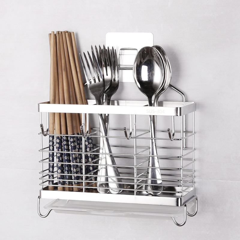 Giỏ Ống Đựng Đũa , Giá Để Thìa , Muôi , Muỗng Có Móc Treo Đồ INOX SUS304 Xước SHINRAI 3 Ngăn OD3
