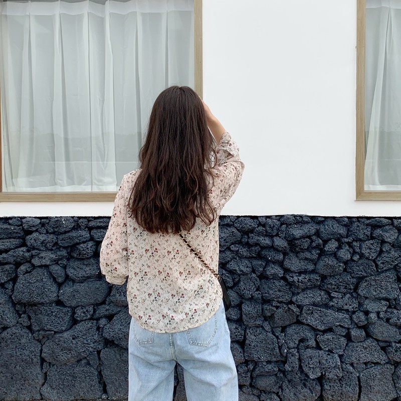 Xiaozhainv Áo voan hoa cổ tim dài tay phong cách Hàn Quốc dành cho nữ | BigBuy360 - bigbuy360.vn