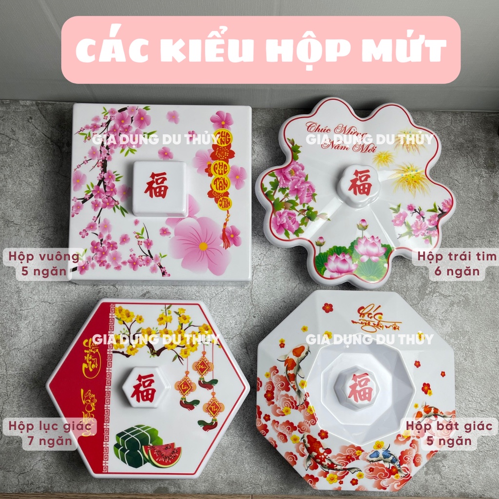 Hộp đựng mứt tết nhiều ngăn nhựa cao cấp họa tiết hoa đào, hoa mai, dưa hấu màu hồng màu đỏ