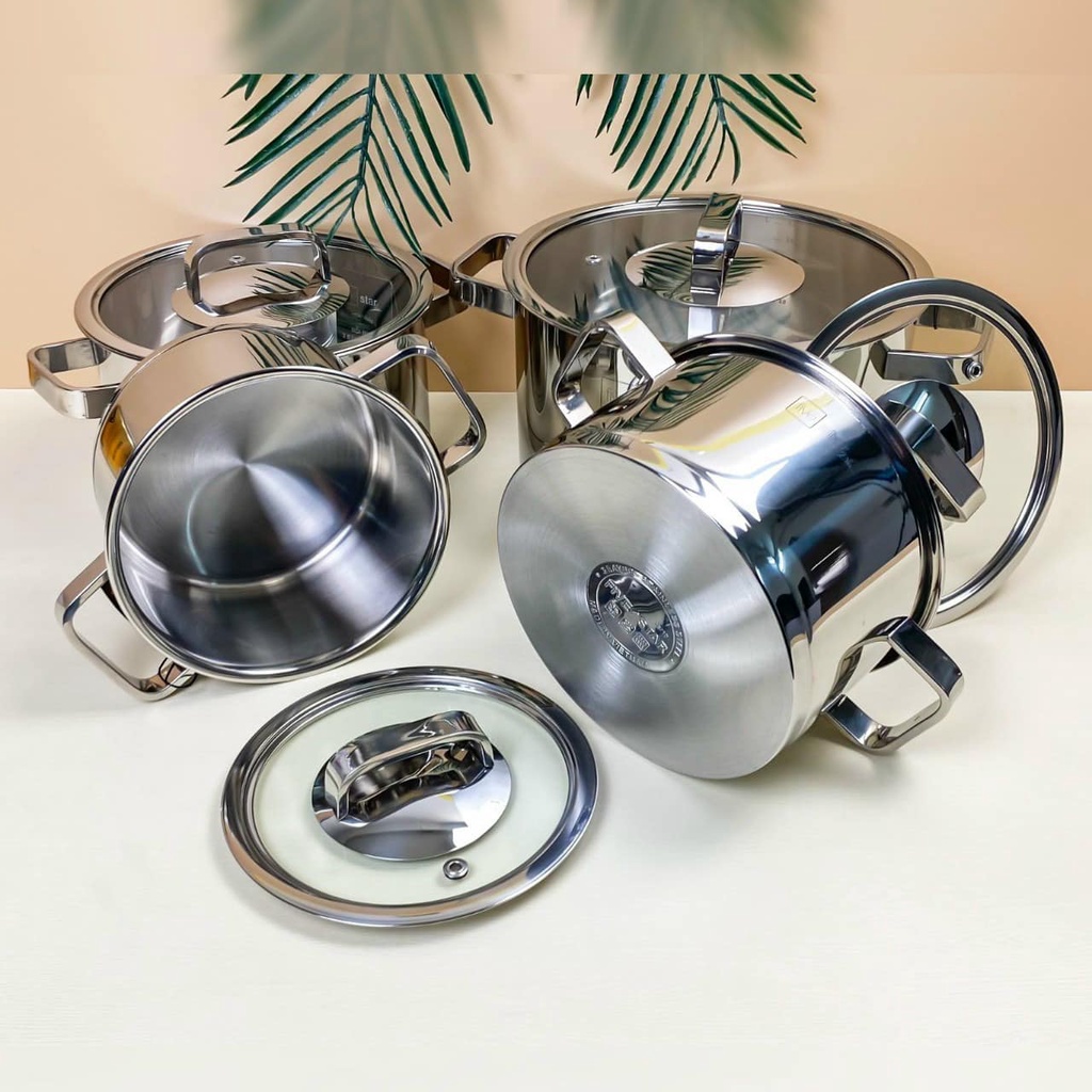 Bộ nồi xửng 3 đáy inox 304 Fivestar Plus 5 món nắp kính ( 1nồi 16cm x1nồi 18cm x1nồi 20cm x1nồi 24cm x 1thân xửng 24cm)
