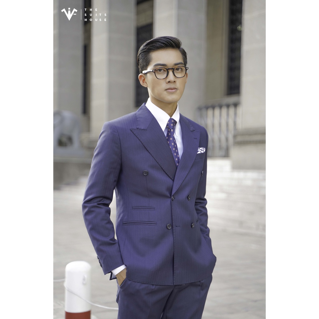 Bộ vest nam xanh đen kẻ sọc chất wool vê xếch vạt nhọn 4 khuy túi xẻ The Suits House