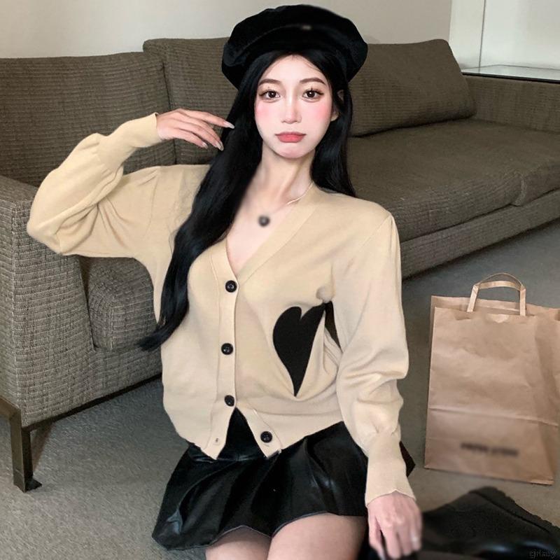 Áo cardigan dệt kim cổ chữ V dáng rộng tay phồng phối nút phong cách Hàn Quốc cho nữ