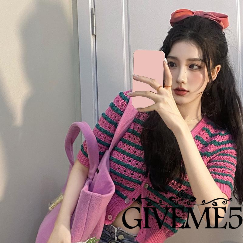 Áo Cardigan Tay Ngắn Cổ Chữ V Cài Nút Họa Tiết Kẻ Sọc Thanh Lịch Cho Nữ