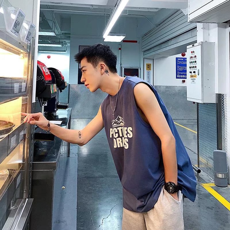✦ AFFLIGA ✦Áo Thun Sát Nách Cổ Tròn In Chữ Đơn Giản Thoáng Khí Thời Trang Mùa Hè Phong Cách Hàn Quốc Cho Nam