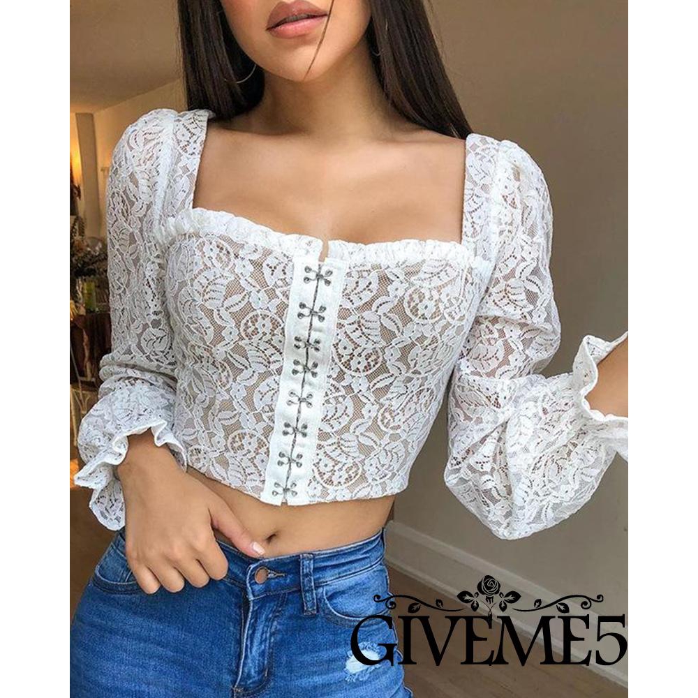 Áo Croptop Cổ Chữ U Phối Ren Màu Trơn Quyến Rũ Cho Nữ