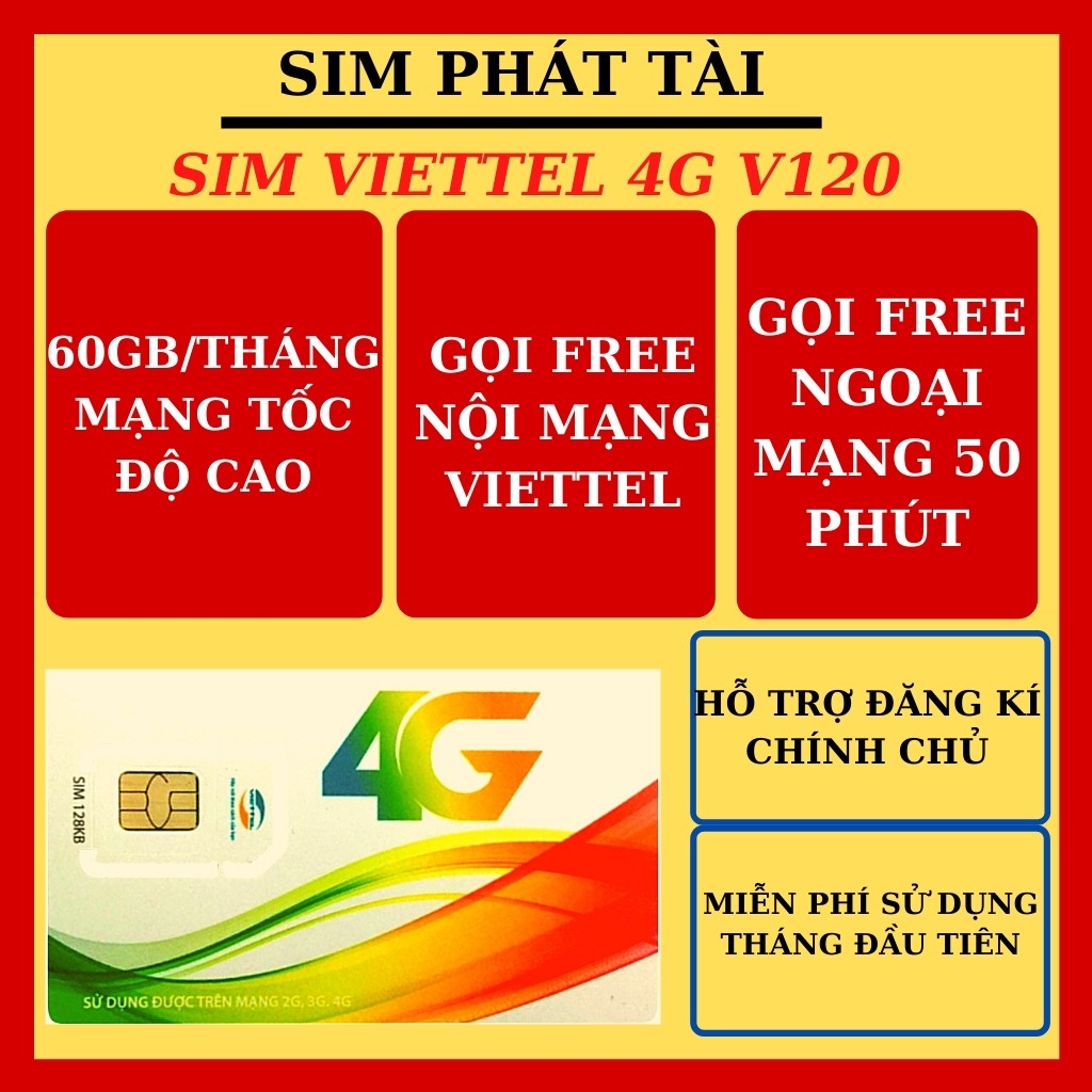 SIM 4G VIETTEL V120 DATA 60GB  - Sim Gọi Miễn Phí Nội Mạng Viettel -  Gọi miễn phí 50 phút ngoại mạng - Free tháng đầu