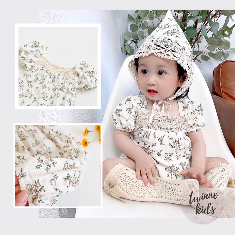 [Vintage Floral] Set đồ liền thân họa tiết hoa nhí cổ điển kèm mũ, romper sơ sinh chất liệu cotton xô bé gái 3-24 tháng