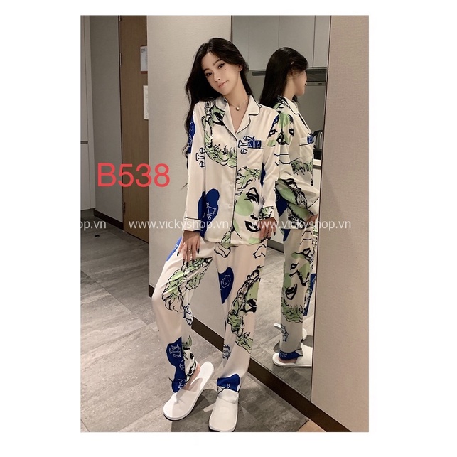 Bộ đồ ngủ pijama lụa QCCC, tay dài quần dài họa tiết sang trọng ,chất đẹp mềm mịn.B538