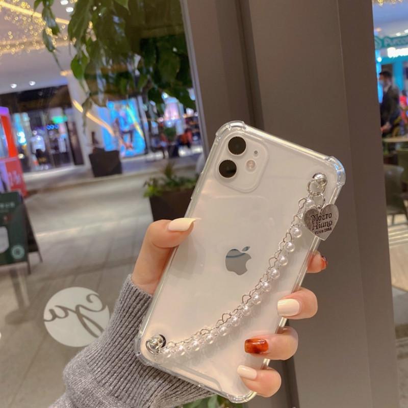 Ốp điện thoại có dây đeo chuỗi ngọc trai phối mặt hình trái tim đơn giản dành cho Iphone x 8plus xr 11 12