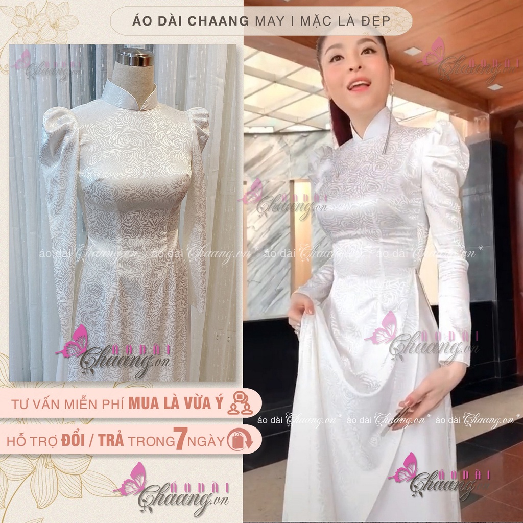 Áo dài gấm tơ vai bồng đẹp truyền thống may sẵn họa tiết xoán ốc co giãn cao cấp