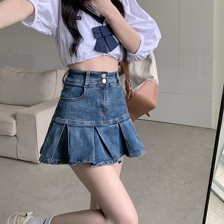 COZOK Chân váy jean Lưng Cao Phối Bèo Phong Cách Vintage Thời Trang