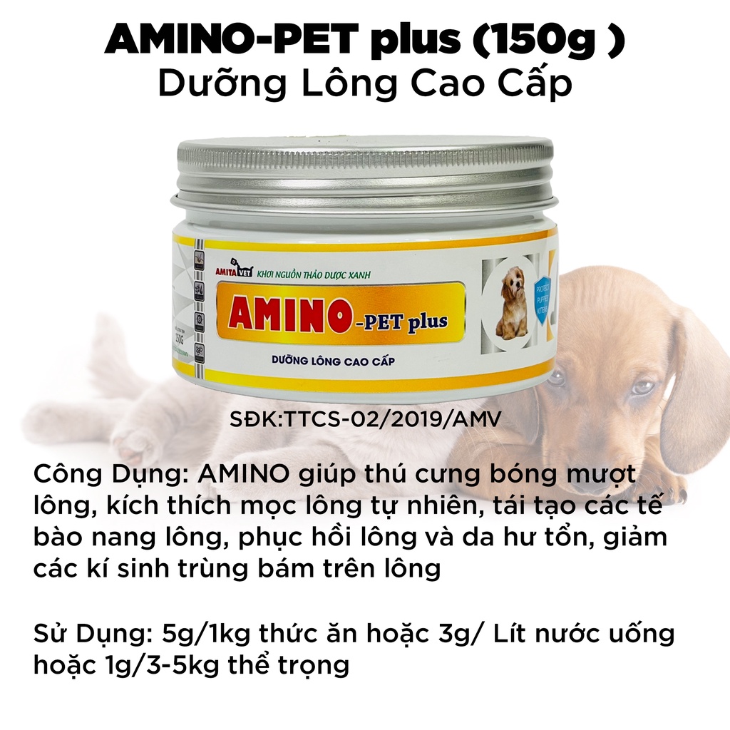Dưỡng lông chó mèo AMINO-PET Plus 150G AMITAVET giúp chăm sóc thú cưng bóng mượt kích thích mọc lông từ bên trong