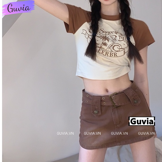 Áo Croptop Ôm Body Nữ BCO Cổ Tròn Tay Ngắn, Áo Thun Croptop Kiểu Sexy In Họa Tiết GUVIA CR62