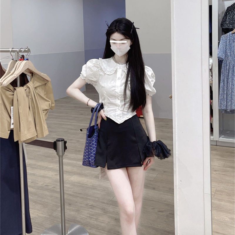 Áo Sơ Mi Tay Ngắn Phồng Cổ Búp Bê Ôm Dáng Phong Cách Hàn Quốc Thời Trang Cho Nữ