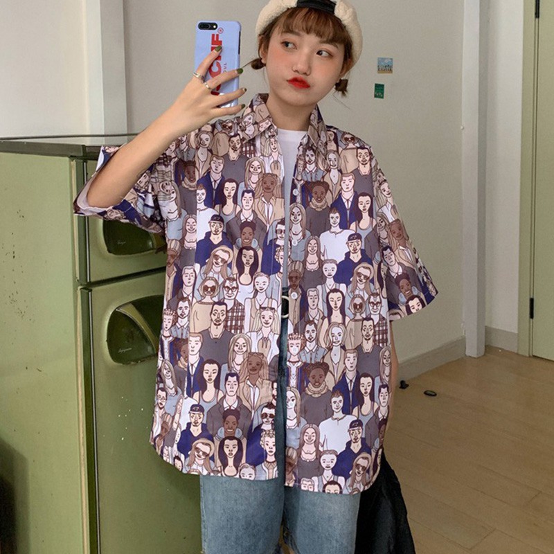 Áo sơ mi tay ngắn hoạ tiết in phong cách retro