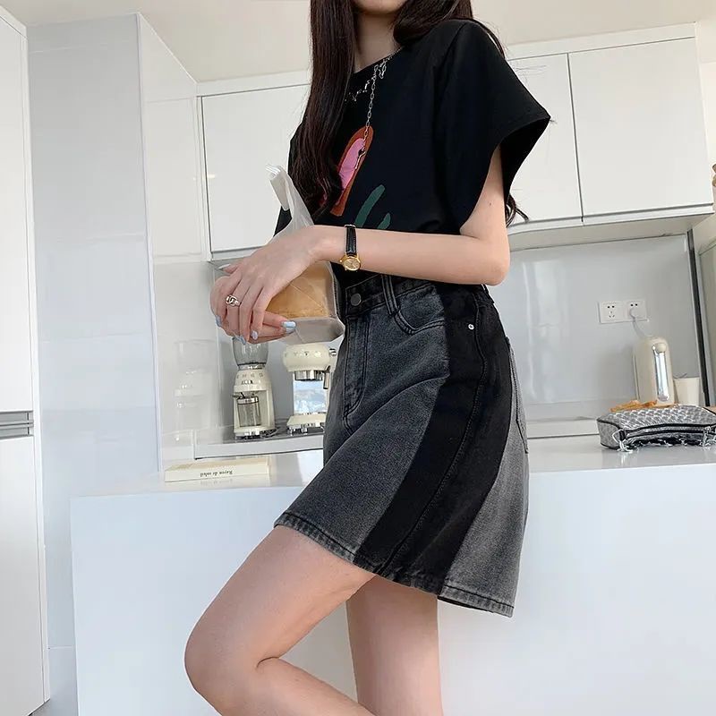 Jiashucheng Chân Váy Denim Chữ a Lưng Cao Màu Sắc Tương Phản Thời Trang Mùa Hè Cho Nữ