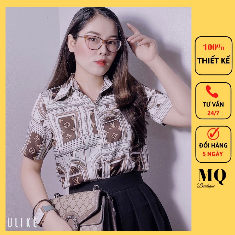 Áo sơ mi nữ lụa cộc tay cao cấp công sở màu trắng ngà họa tiết ô hoa chữ nhiều nâu, áo sơ mi thiết kế MQ Boutique
