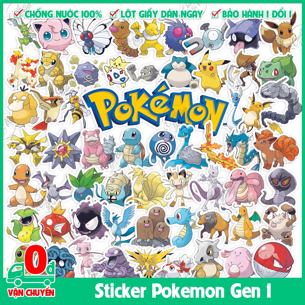 Bộ sticker 150 Pokemon GEN 1 không trùng hình dán trang trí decal hoạt hình Bửu Bối Thần Kỳ Pikachu