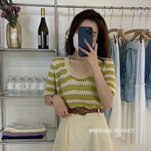 Áo dệt kim nữ ngắn tay kẻ sọc ngang cổ tròn mùa hè phong cách Hàn Quốc loại 1