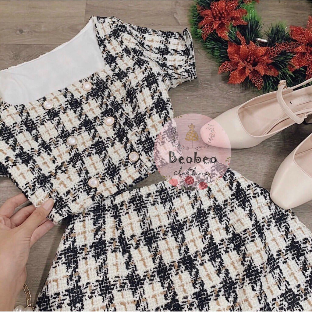 Set áo croptop cổ vuông kèm chân váy A caro ulzzang