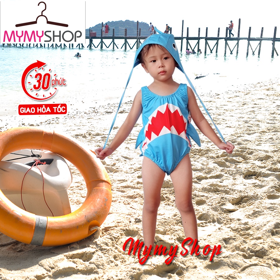 Đồ bơi trẻ em Hình Cá Mập Có Vây kèm mũ/nón đáng yêu, Đủ 3 màu cute cho bé