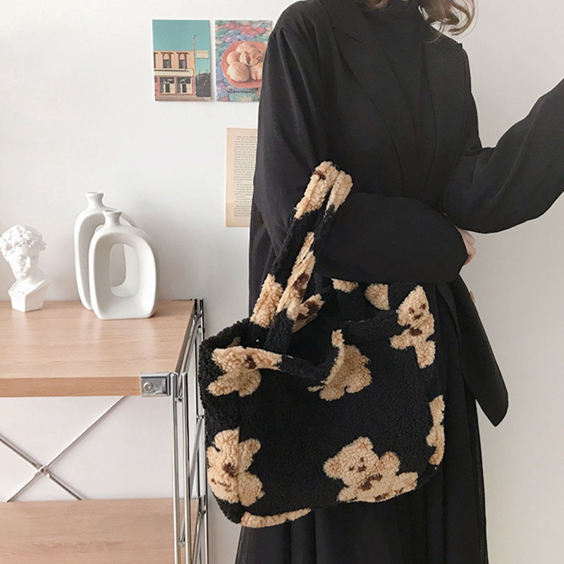 Túi Tote Đeo Vai Phủ Lông Cừu Giả Họa Tiết Gấu Hoạt Hình Thời Trang Mùa Đông Cho Nữ