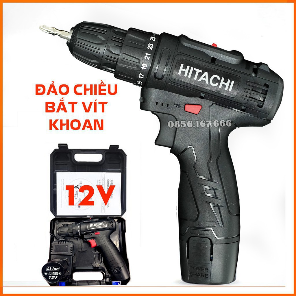 Máy khoan tay bắt vít HITACHI pin 12V 2 pin, Máy khoan pin 12v Tặng kèm phụ kiện