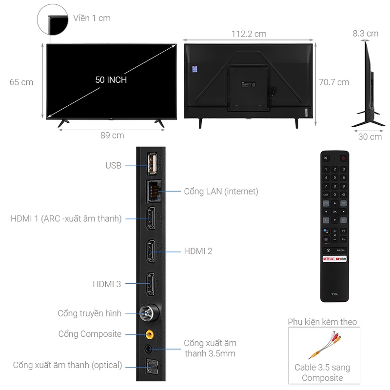 Tivi TCL 4K 50 inch 50P615 kiểu dáng sang trọng sắc nét gấp 4 lần HD - Chính hãng bảo hành lên đến 2 năm.