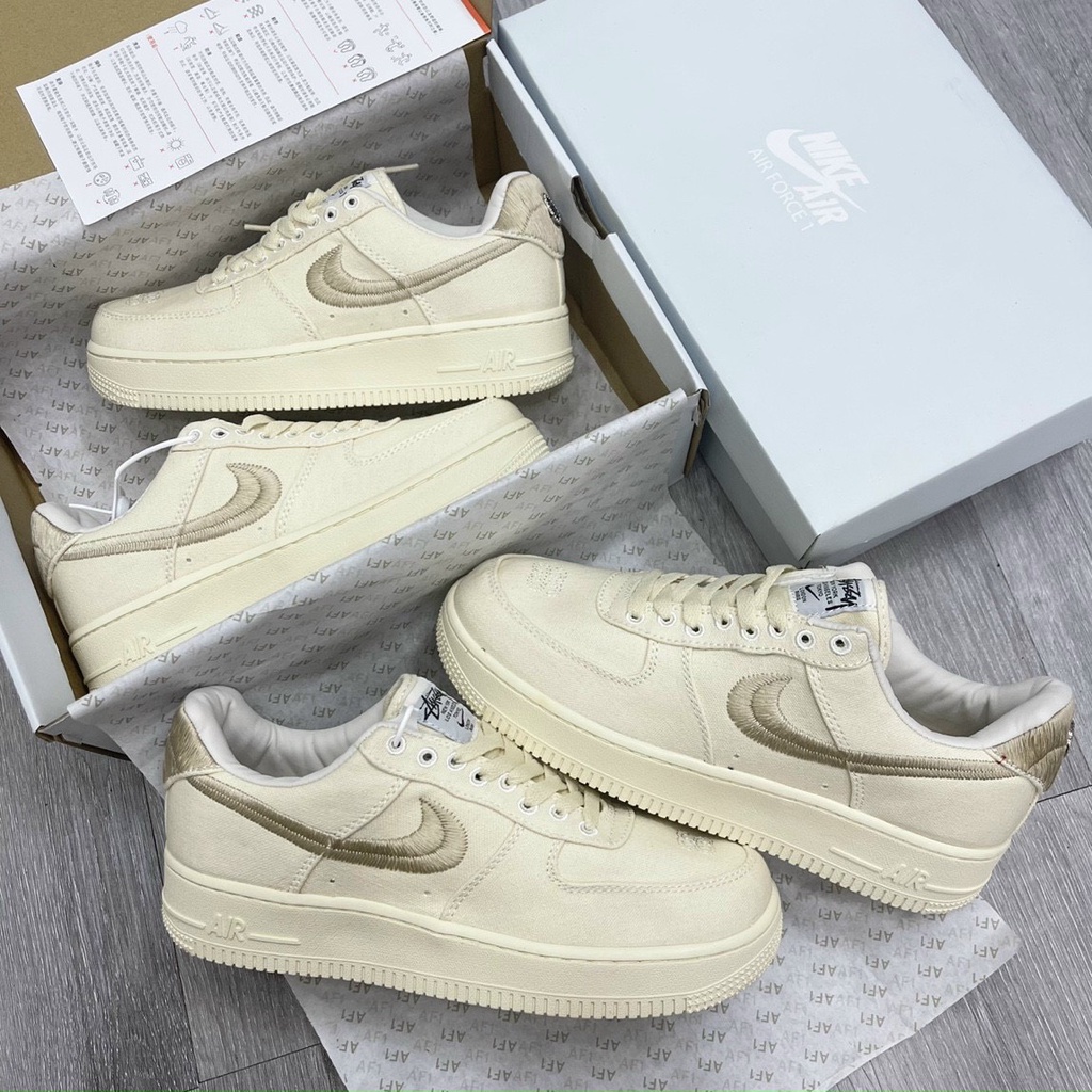 Giày Air Force 1 Stussy, Giày thể thao AF1 vải kem chất liệu canvas 100% bản đẹp