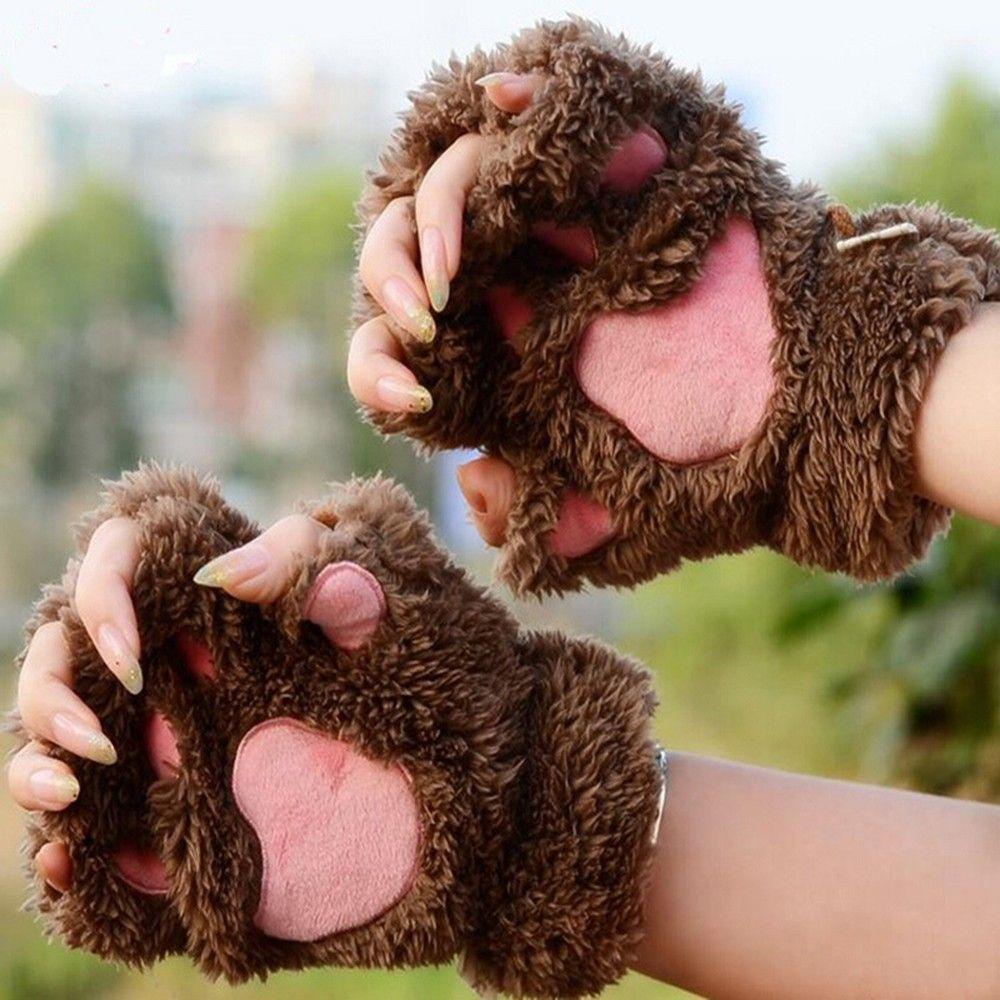 Đôi Găng Tay Hở Ngón Hình Chân Gấu Bông Mềm Mại Đáng Yêu Cho Nữ