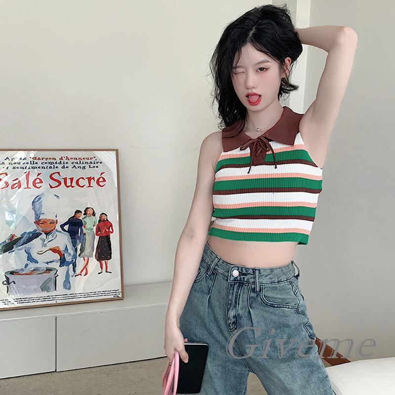 Áo Lửng Hai Dây Dệt Kim Họa Tiết Kẻ Sọc Nhiều Màu Sắc Thời Trang Mùa Hè Cho Nữ