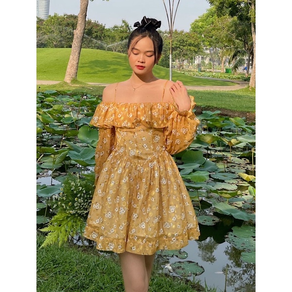 Cosima dress - Đầm dây vàng hoa ruffle tay dài - Somalyng.studio