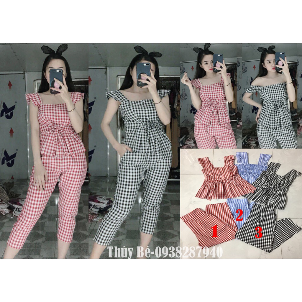 SÉT ĐỒ CARO XẾP LY, TAY ÁO CÁNH TIÊN-CỘT NƠ-100% MẪU NHƯ HÌNH.