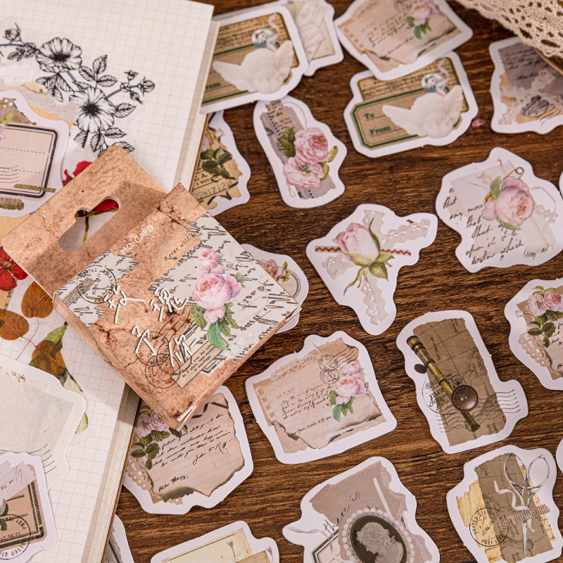 Hộp 46 chiếc sticker BỨC THƯ HOA HỒNG VINTAGE CỔ ĐIỂN dùng decor sổ bullet journal, decor thư thiệp quà BX169