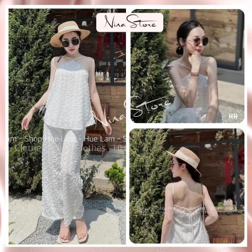 Sét áo cổ yếm mix quần ống rộng chất ren cao cấp đi biển style quý cô sang chảnh NinaStore