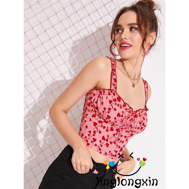 Áo croptop hai dây không tay viền bèo in họa tiết trái tim cho nữ