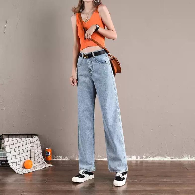 Quần jean bò nữ ống xuông rộng lưng cao cạp cao đẹp màu xanh nhạt sky hot 2022 HoHaJean22 | BigBuy360 - bigbuy360.vn