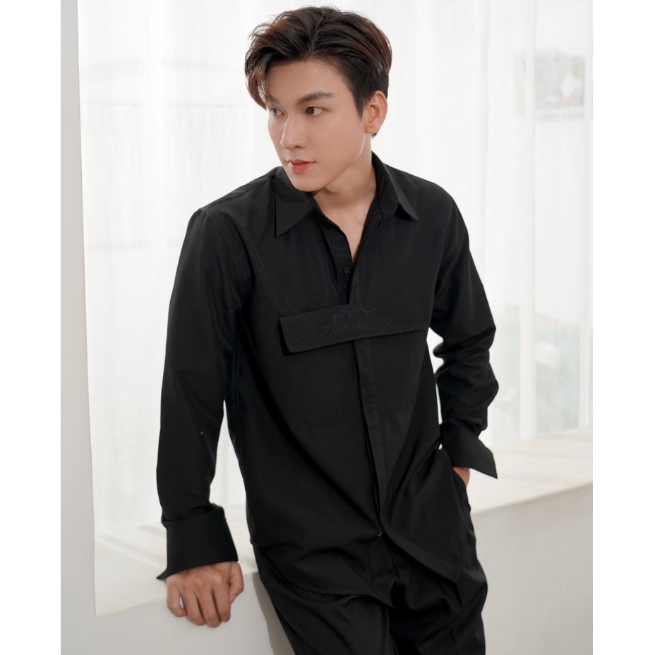 Áo Sơ Mi Nam Dài Tay Phối Túi Thêu Màu Hồng/Đen/Trắng Thương Hiệu Mr Twins