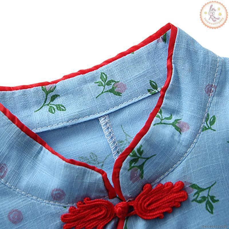 Đầm ngắn tay in hoa phong cách Trung Quốc cho bé gái