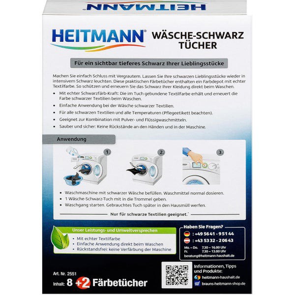 Giấy nhuộm Đen quần áo, cho quần áo màu đen bị bạc màu trở nên như mới- Heitmann, hộp 10 tờ
