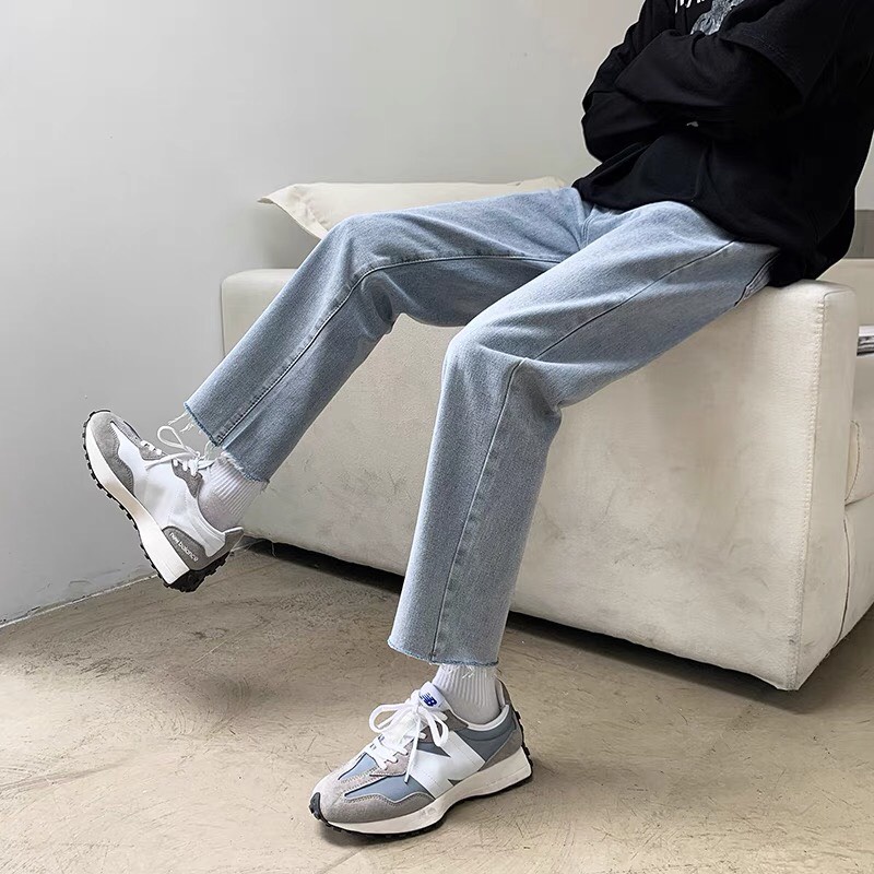 Quần jean baggy nam xanh trơn cắt gấu ống suông rộng chất bò đẹp cao cấp ROMAN QJ03