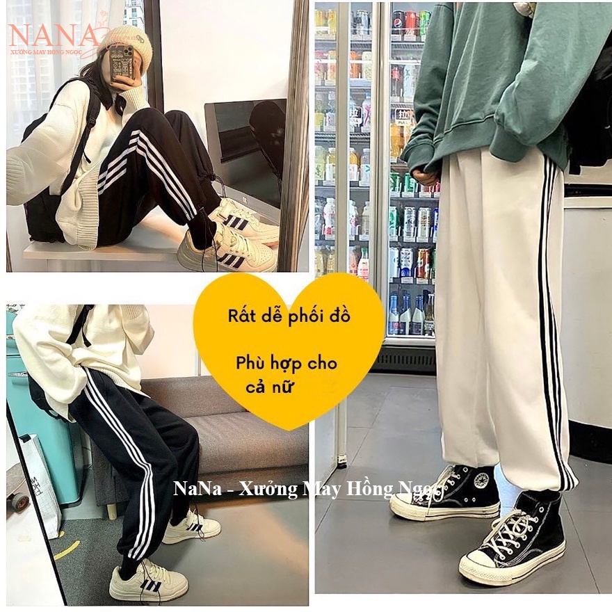 Quần thể thao ống rộng nữ viền kẻ 3 sọc trắng đi học ch có dây rút gấu dáng quần jogger nữ ống rộng tập thể dục vải mềm