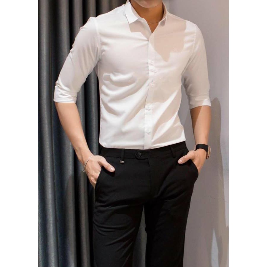 Áo Sơ Mi Trắng Nam Kiểu Dáng Cổ Bẻ Trẻ Trung Chất Vải Lụa Mịn Chống Nhăn Phong Cách