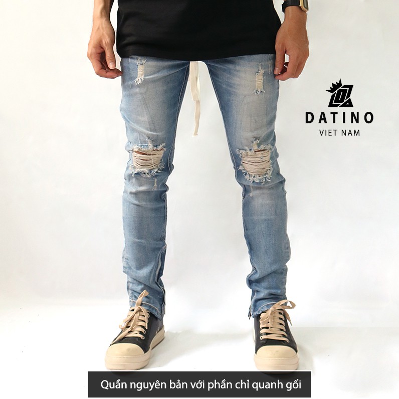 [Mã SKAMAP6 giảm 8% TỐI ĐA 50K đơn250K] Quần jean nam DATINO xanh rách gối form Skinny co giãn ống khóa Zipper, bền màu | BigBuy360 - bigbuy360.vn