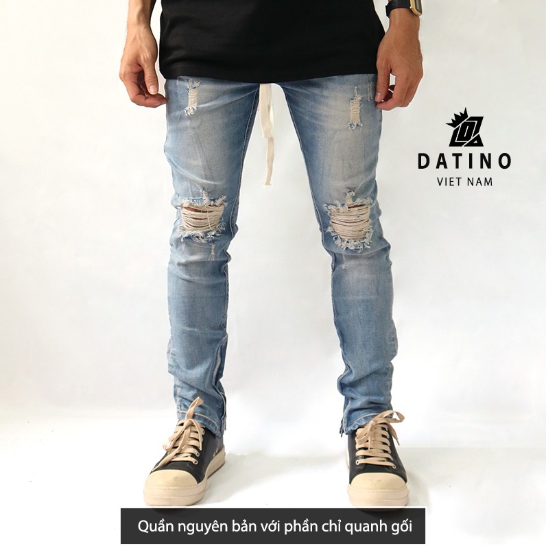 Quần jean nam Streetwear DATINO xanh rách gối form Skinny co giãn ống khóa Zipper, bền màu