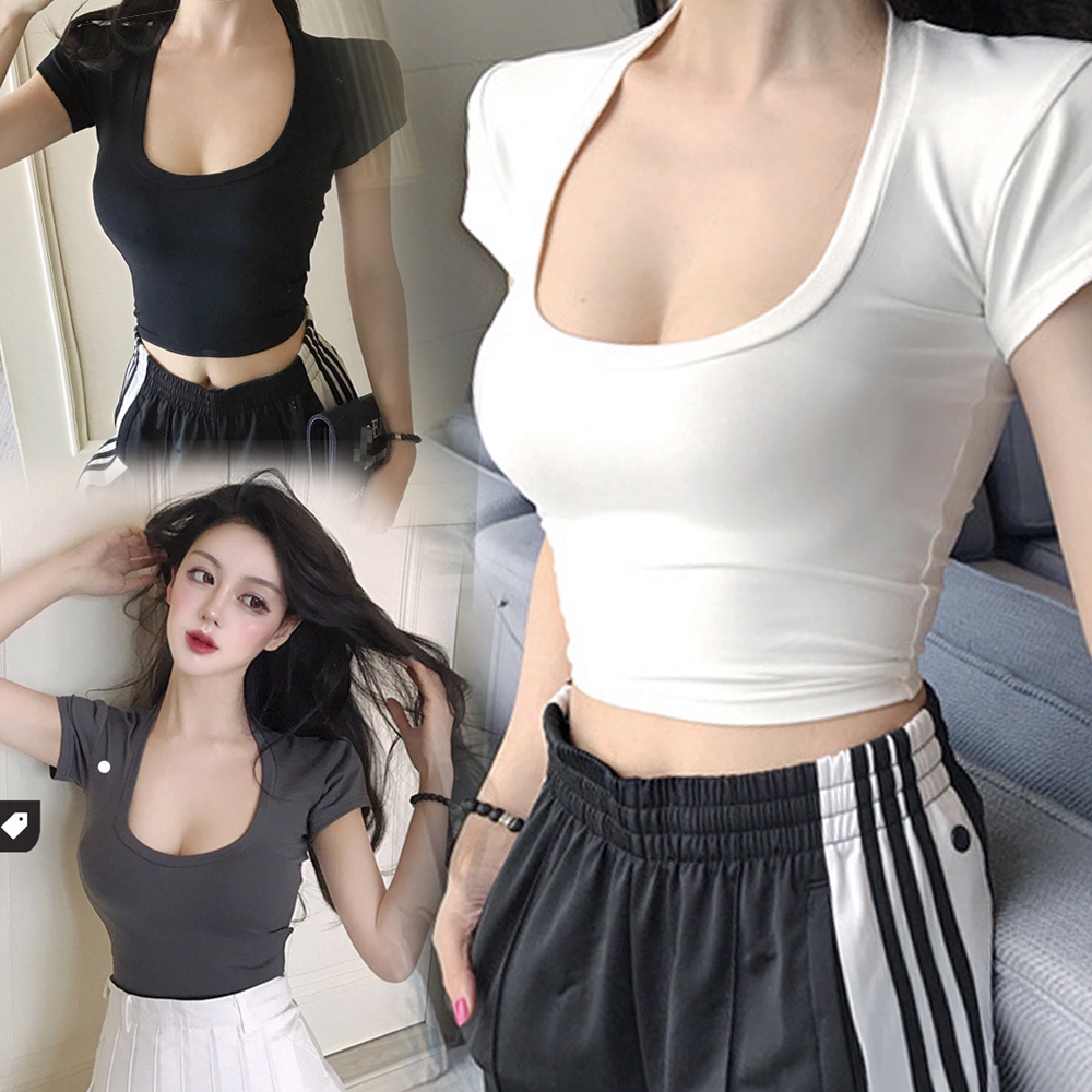 Áo Croptop Cổ Chữ U Màu Trơn Thời Trang Hàn Quốc