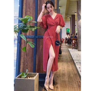 Đầm midi chấm bi tay loe chéo tà thắt nơ lưng cao cấp
