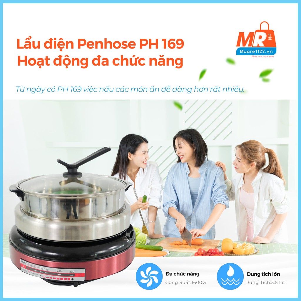 Nồi lẩu 2 tầng 5,5L Đa năng PENHOSE Thailand 100%Nấu siêu nhanh Công suất 1600W ,Lẩu Nướng Chiên Xào Tiện dụng Cao cấp,