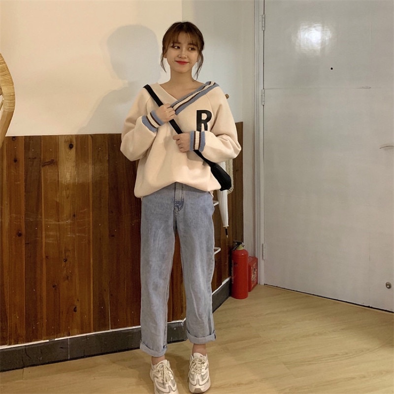 Áo Nỉ Cổ V Thun Phối Màu Chữ R 🦋 Áo Khoác Nữ Dài Tay In Chữ Dáng Rộng 3 Màu 🦋